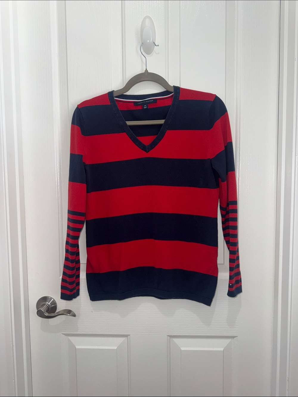 Tommy Hilfiger Striped V-Neck Sweater in Red & Navy - Women’s Small